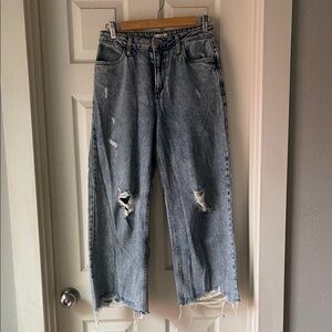 Avec Les Filles Blue Distressed Wide Leg Jeans